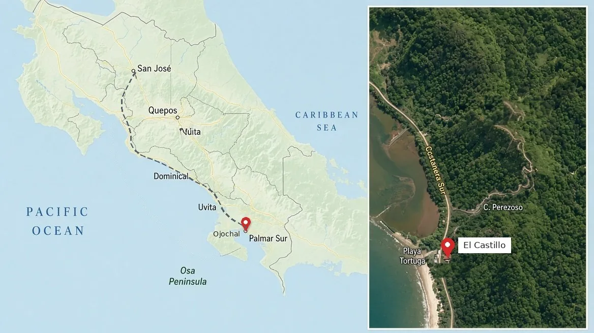 Map showing El Castillo above Playa Tortuga in Ojochal, on Costa Rica's southern Pacific coast