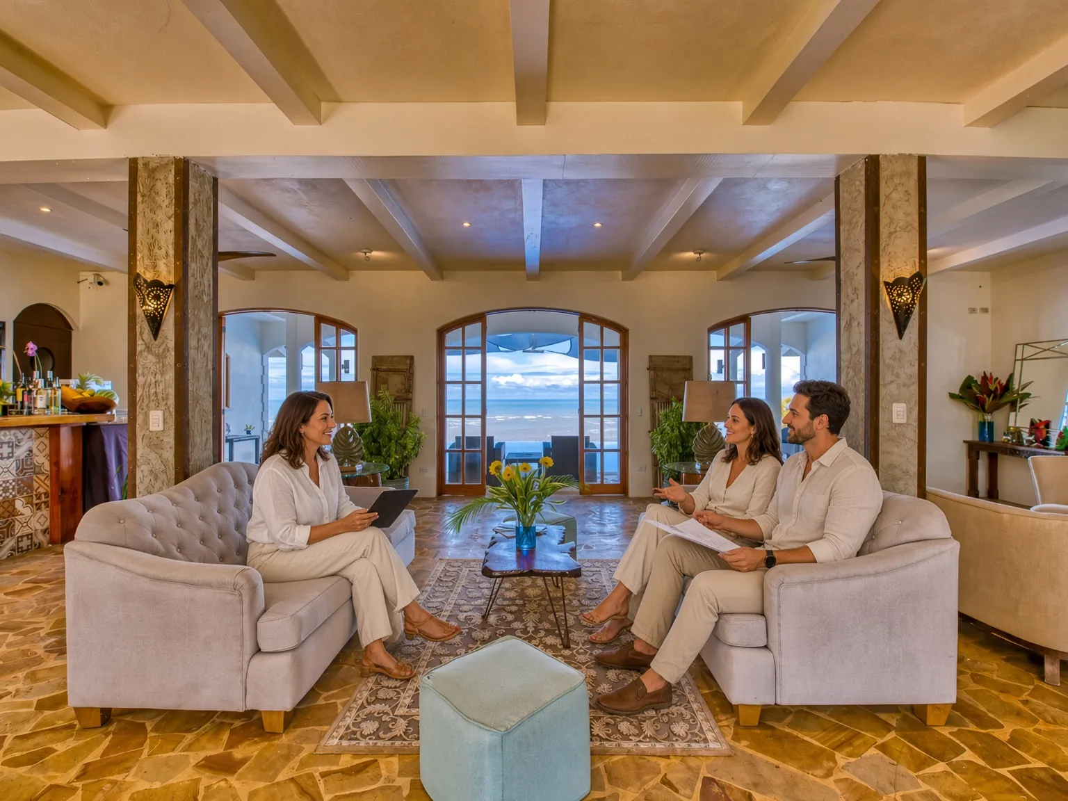 A host reviewing retreat plans with guests in El Castillo's ocean-view lounge